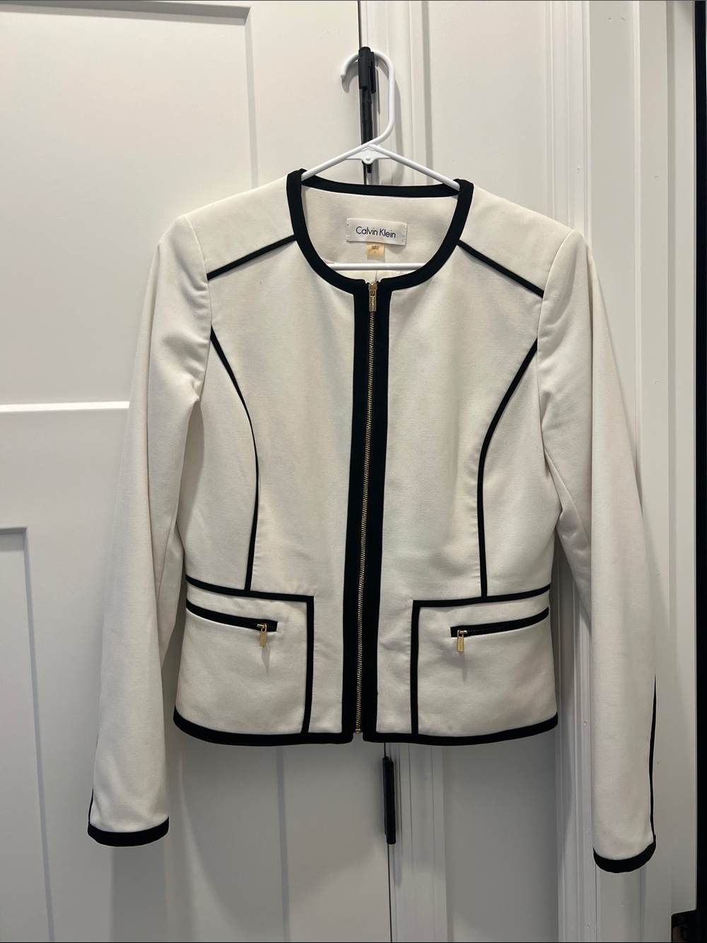 Calvin Klein White Blazer with Black Piping and Gold Zipper